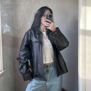 Vintage Brown Leather Bomber Jacket Faded Distressed Oversized Full Zip‎